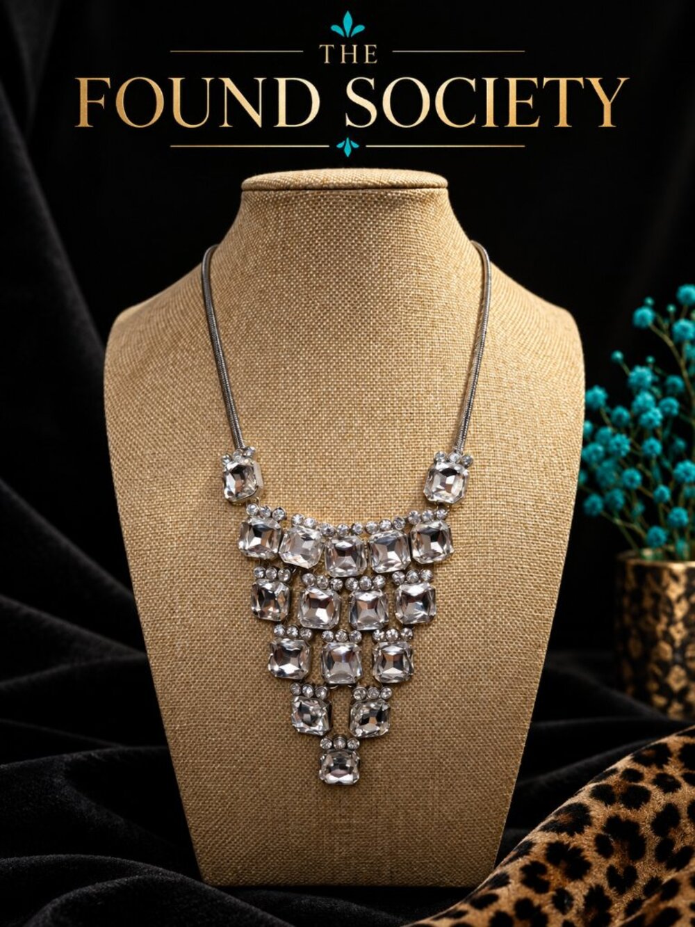 Silver Tone Clear Crystal Rhinestone Statement Bib Necklace Art Deco Glam